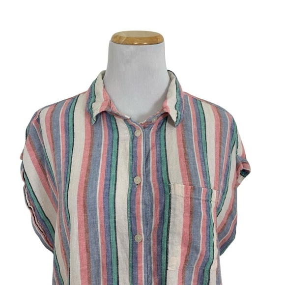 Orvis Linen Rayon Striped Cap Sleeve Button Front Shirt Women’s Size Large - Picture 3 of 17